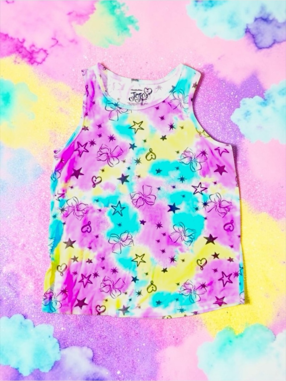 JoJo Siwa Girls Pastel Rainbow Tie‑Dye Bow Tank Top XL 14/16 EUC